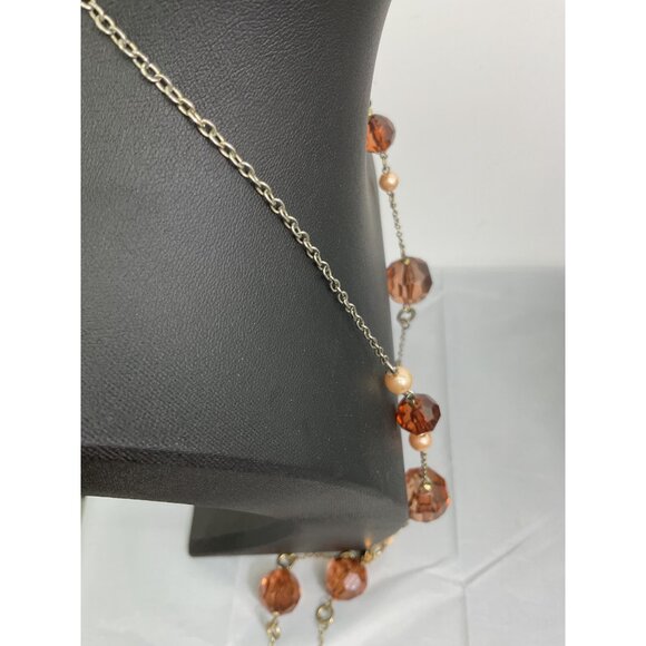 Long Beaded Necklace With Large Amber Colored & Pearl-Like Beads - Picture 4 of 5